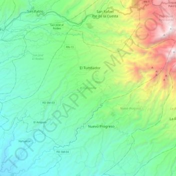 Mapa topográfico El Tumbador, altitud, relieve