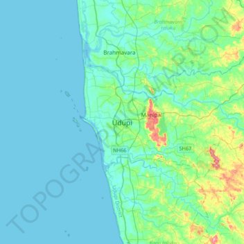 Mapa topográfico Udupi, altitud, relieve
