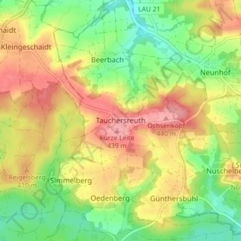 Mapa topográfico Tauchersreuth, altitud, relieve
