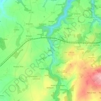 Mapa topográfico Keranot, altitud, relieve