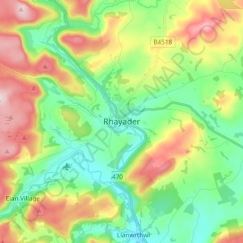 Mapa topográfico Rhayader, altitud, relieve