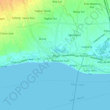 Mapa topográfico Oton, altitud, relieve