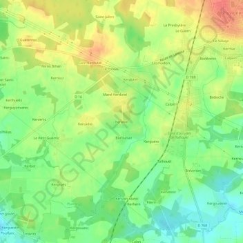 Mapa topográfico Kerobel, altitud, relieve