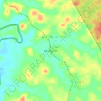 Mapa topográfico Gouléako, altitud, relieve