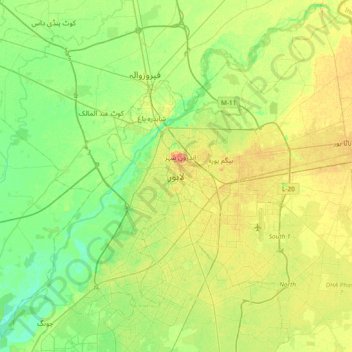 Mapa topográfico Lahore, altitud, relieve