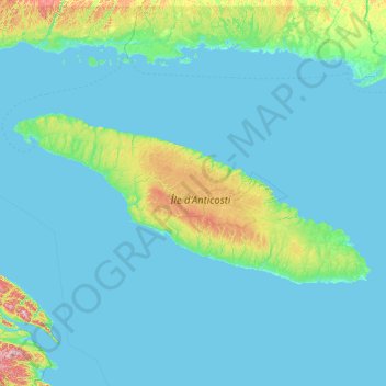 Mapa topográfico Anticosti Island, altitud, relieve
