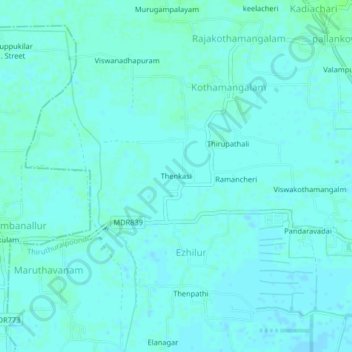 Mapa topográfico Thenkasi, altitud, relieve