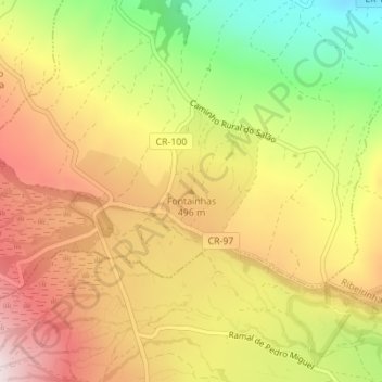 Mapa topográfico Fontaínhas, altitud, relieve