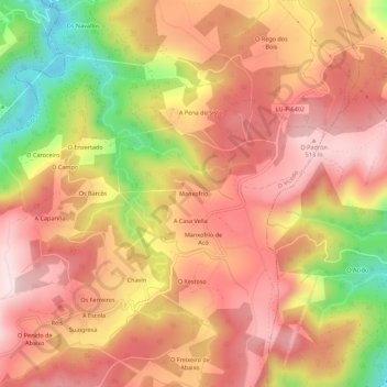 Mapa topográfico Manxofrío, altitud, relieve