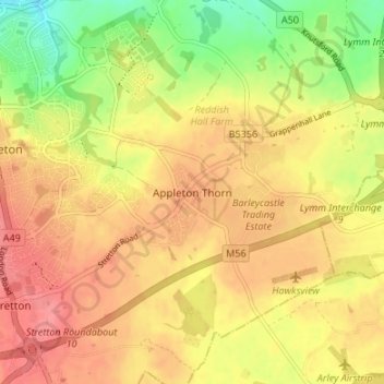 Mapa topográfico Appleton Thorn, altitud, relieve