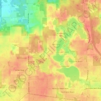 Mapa topográfico Roble Woods, altitud, relieve