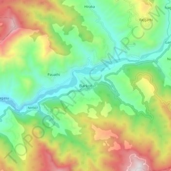 Mapa topográfico Barkot, altitud, relieve