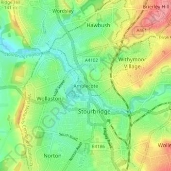 Mapa topográfico Amblecote, altitud, relieve