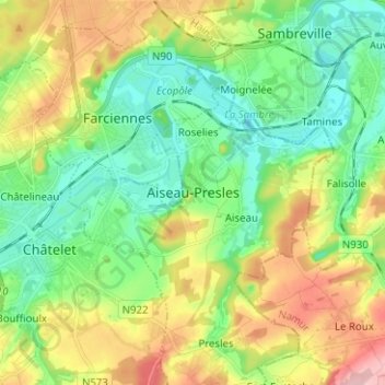 Mapa topográfico Aiseau-Presles, altitud, relieve