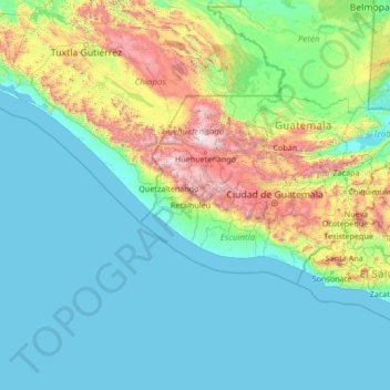 Mapa topográfico Quetzaltenango, altitud, relieve