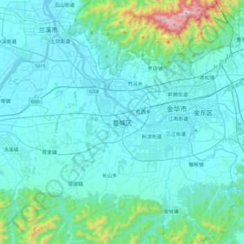 Mapa topográfico 婺城区, altitud, relieve