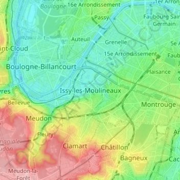 Mapa topográfico Issy-les-Moulineaux, altitud, relieve