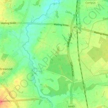 Mapa topográfico Crateford, altitud, relieve
