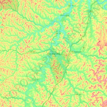 Mapa topográfico Clarksburg, altitud, relieve