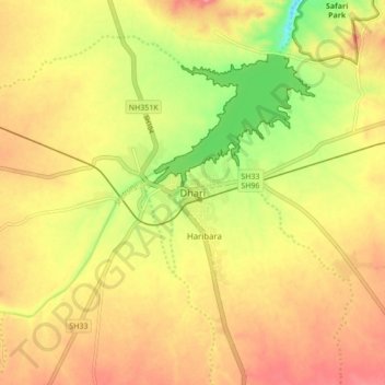 Mapa topográfico Dhari, altitud, relieve