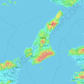 Mapa topográfico 淡路島, altitud, relieve