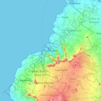 Mapa topográfico Port Louis, altitud, relieve