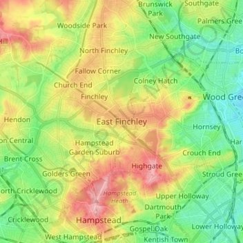 Mapa topográfico East Finchley, altitud, relieve
