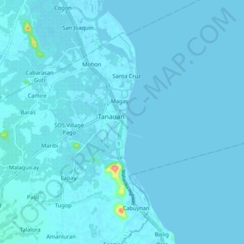Mapa topográfico Tanauan, altitud, relieve