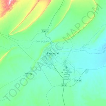 Mapa topográfico Laghouat, altitud, relieve