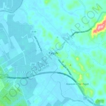 Mapa topográfico Pagoh, altitud, relieve