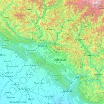 Mapa topográfico Dehra Dūn, altitud, relieve