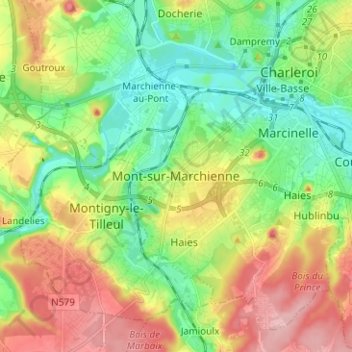 Mapa topográfico Mont-sur-Marchienne, altitud, relieve