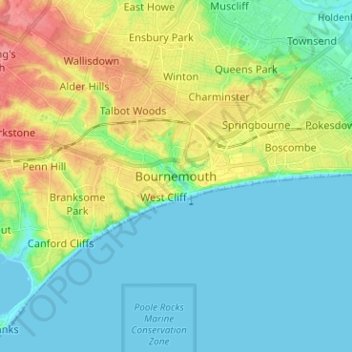 Mapa topográfico Bournemouth, altitud, relieve