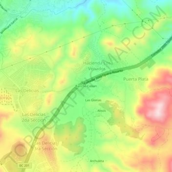 Mapa topográfico Rancho Casian, altitud, relieve