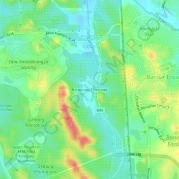 Mapa topográfico Kampung Chincang, altitud, relieve