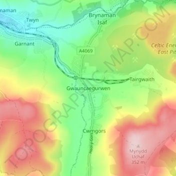 Mapa topográfico Gwaun-Cae-Gurwen, altitud, relieve
