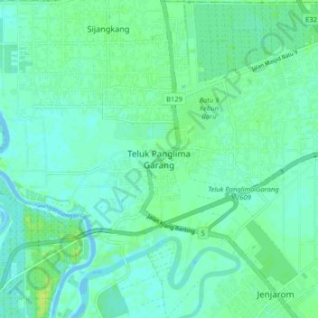 Mapa topográfico Teluk Panglima Garang, altitud, relieve