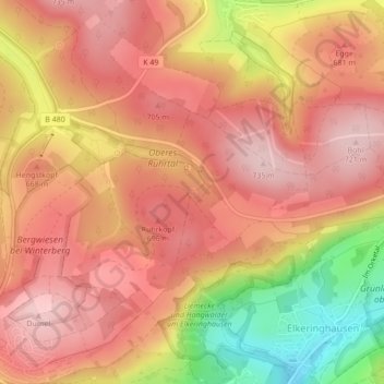 Mapa topográfico Ruhrquelle, altitud, relieve