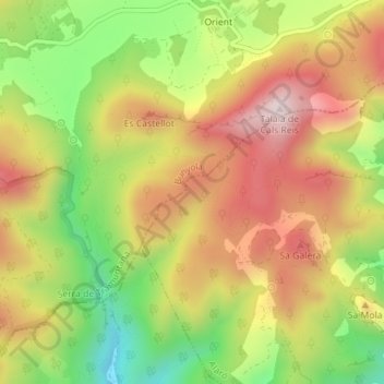 Mapa topográfico Mola de Lluc, altitud, relieve