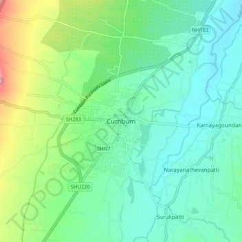 Mapa topográfico Cumbum, altitud, relieve