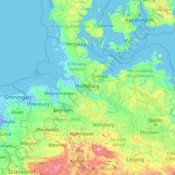 Mapa topográfico Hamburg, altitud, relieve