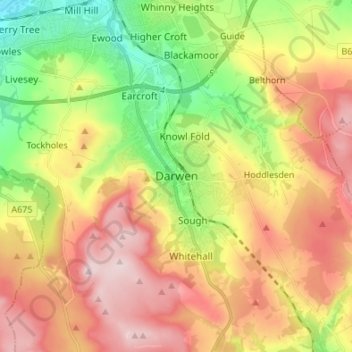 Mapa topográfico Darwen, altitud, relieve