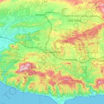 Mapa topográfico Thousand Oaks, altitud, relieve