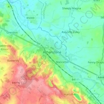 Mapa topográfico Atherstone, altitud, relieve