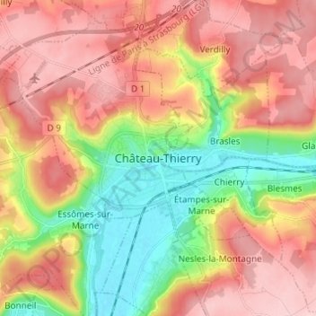 Mapa topográfico Château-Thierry, altitud, relieve