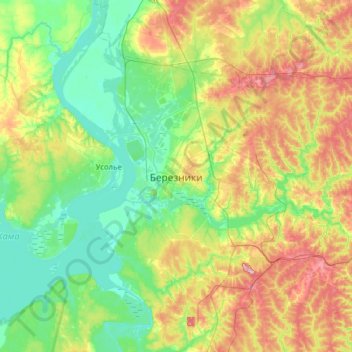 Mapa topográfico Березники, altitud, relieve