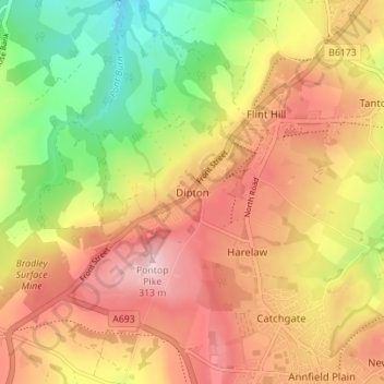 Mapa topográfico Dipton, altitud, relieve