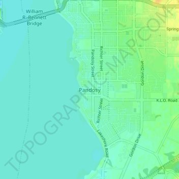 Mapa topográfico Pandosy, altitud, relieve