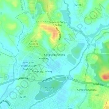 Mapa topográfico Kampung Krubong, altitud, relieve