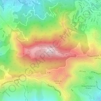 Mapa topográfico Cerro El Volcán, altitud, relieve